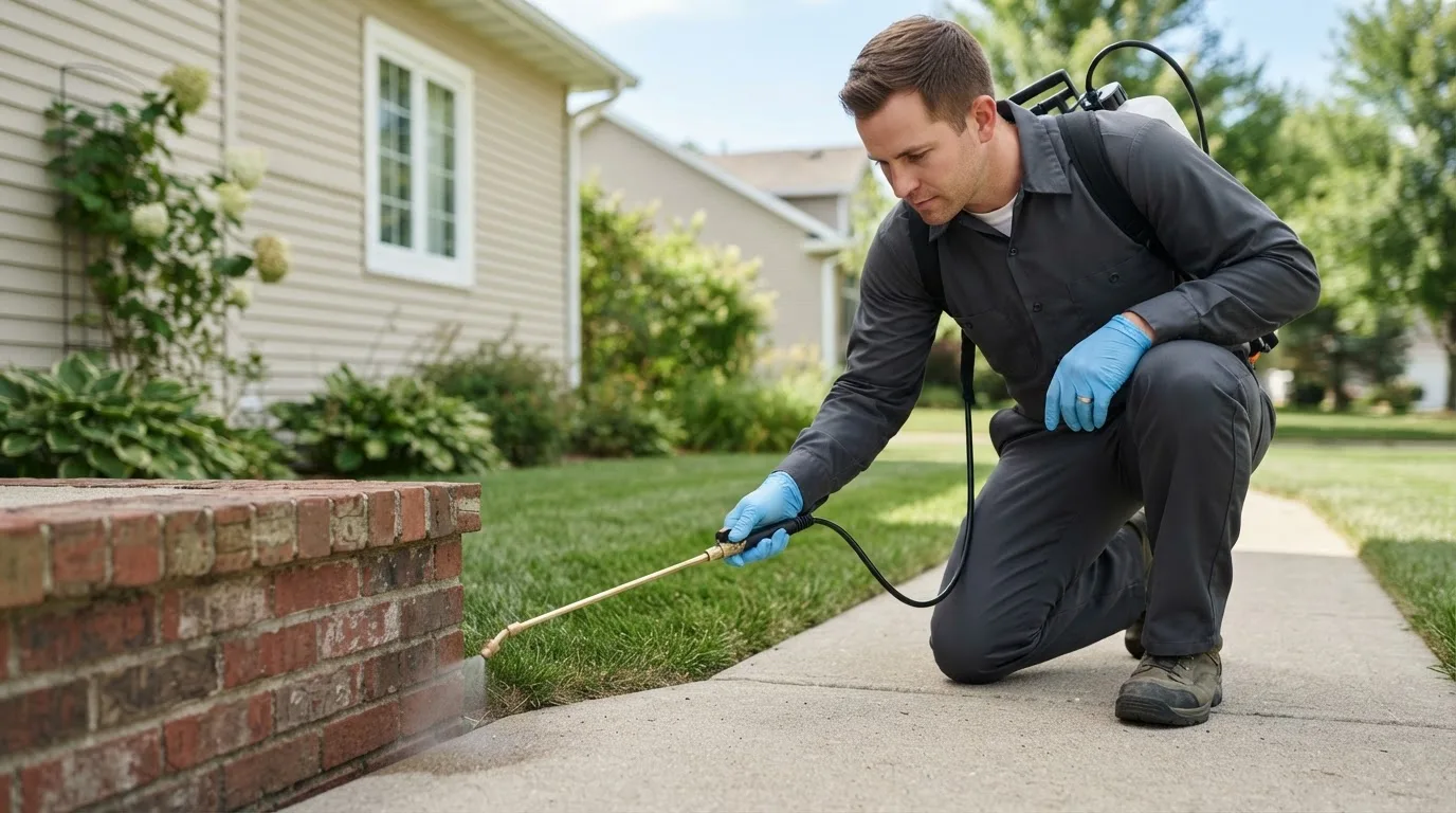 Pest control technician treating a home near Jamesport, NY