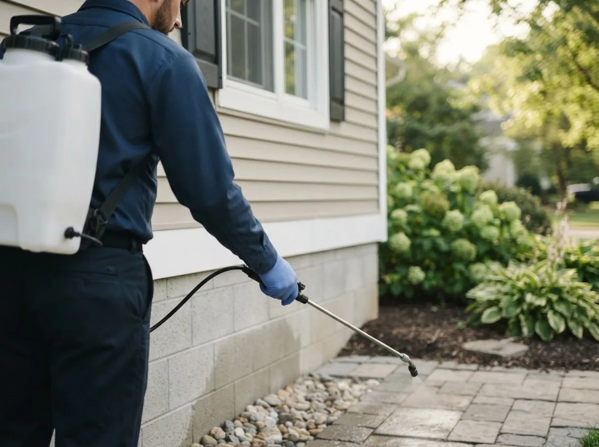 Pest control technician inspecting a home in Jamesport, NY